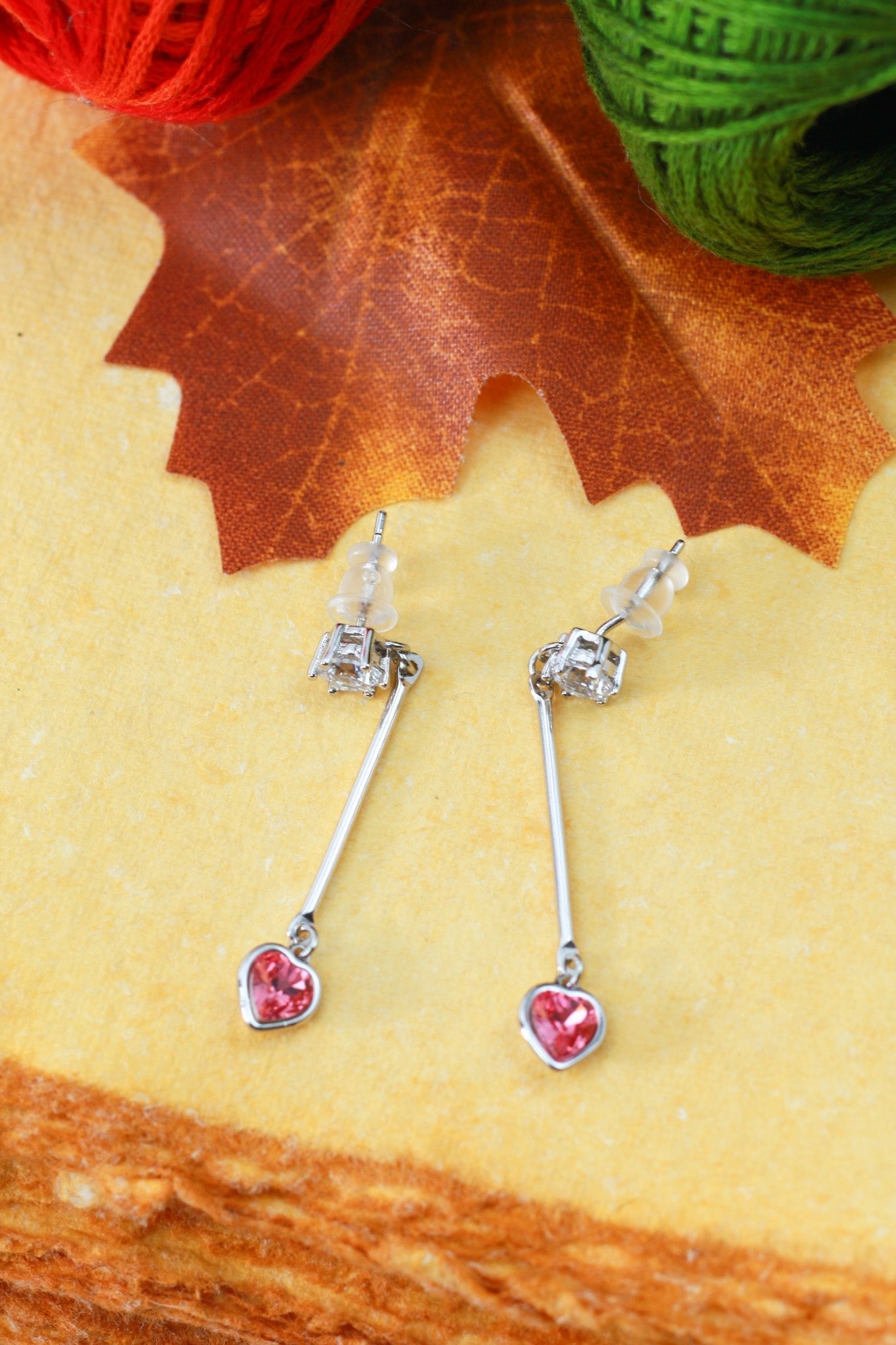 Pink Heart Crystal Bar Drop Earrings - Maxiblink