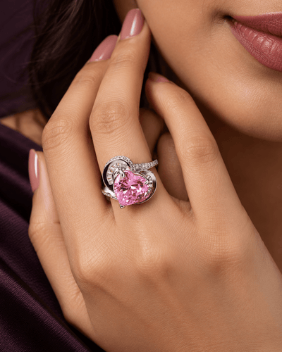 Pink Heart Swirl Cocktail Ring with Baguette Halo - Maxiblink