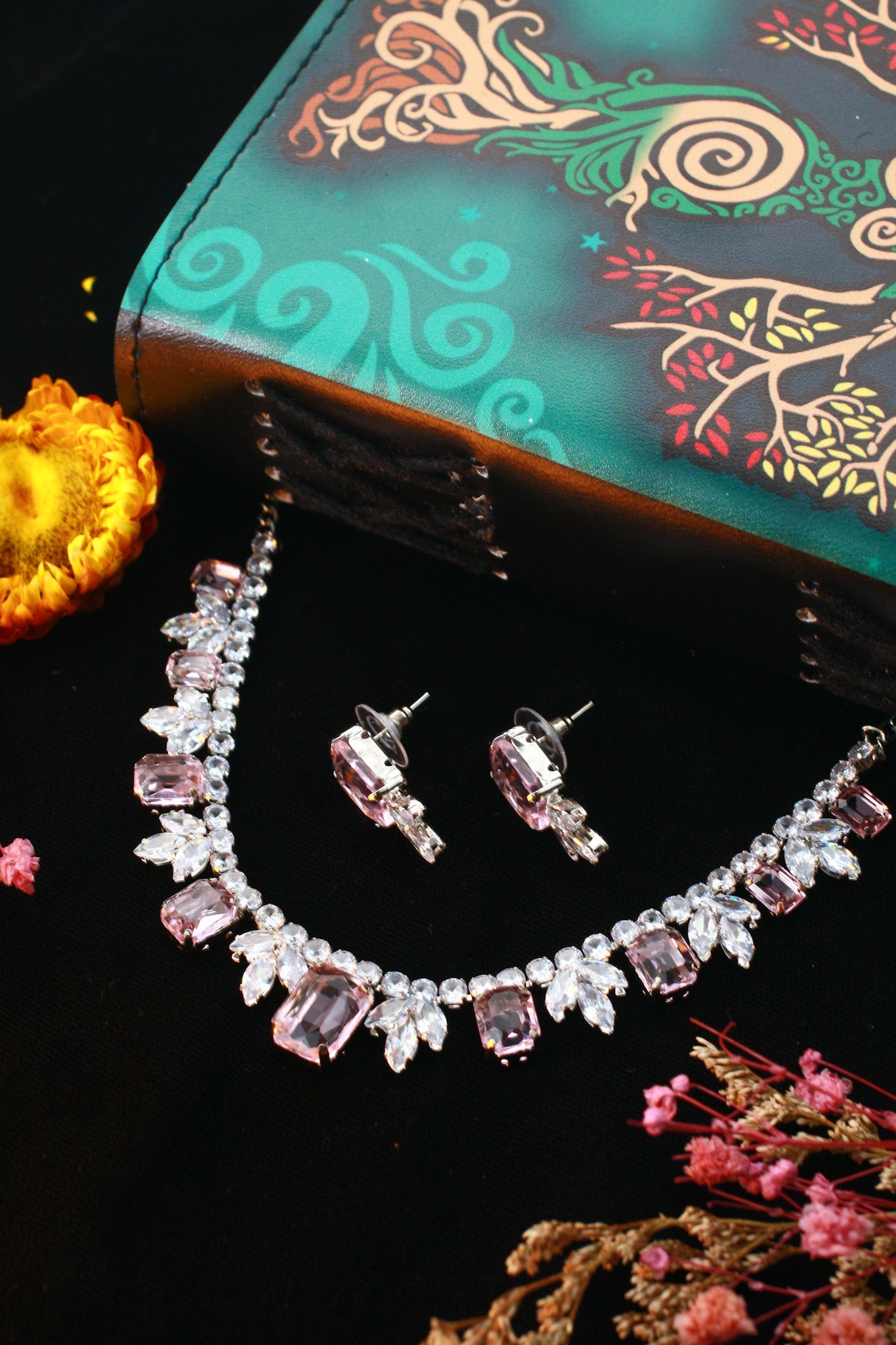 Pink Korean Glass Stone Necklace Set | Premium Crystal Jewellery - Maxiblink