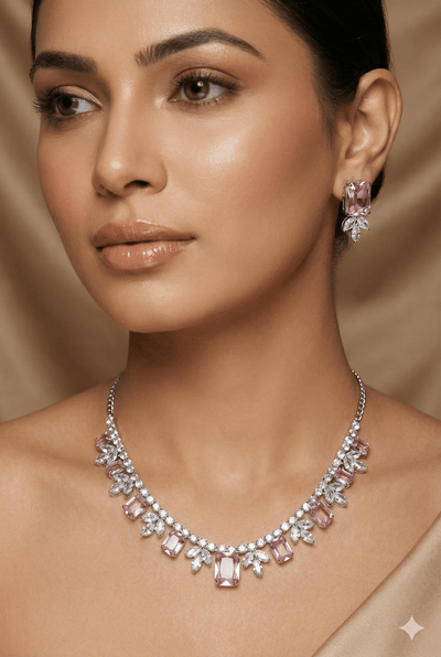 Pink Korean Glass Stone Necklace Set | Premium Crystal Jewellery - Maxiblink