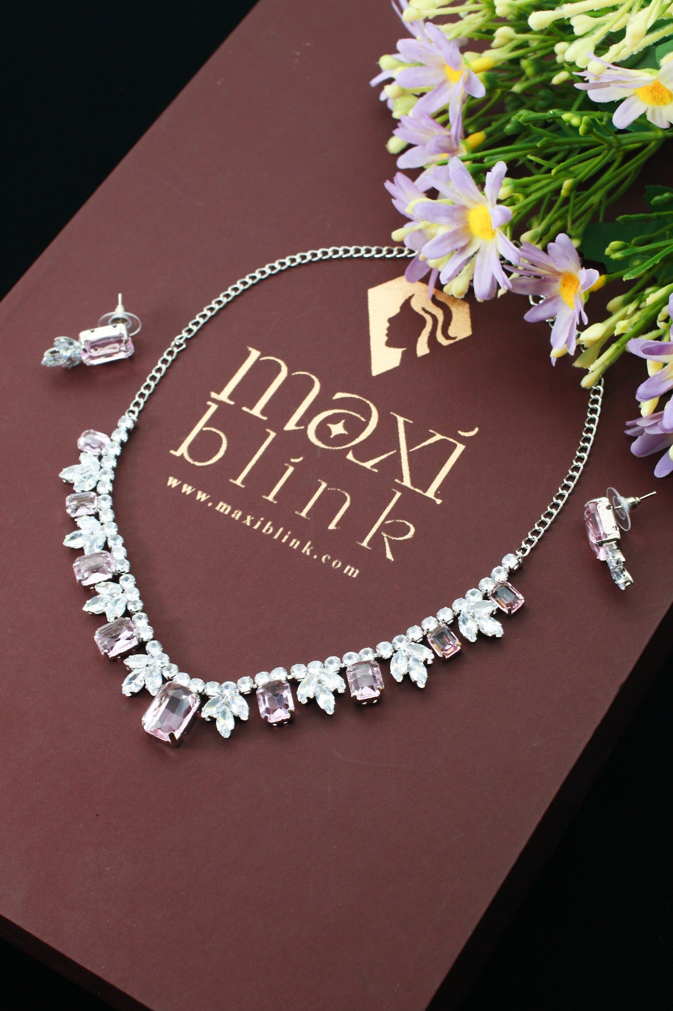 Pink Korean Glass Stone Necklace Set | Premium Crystal Jewellery - Maxiblink