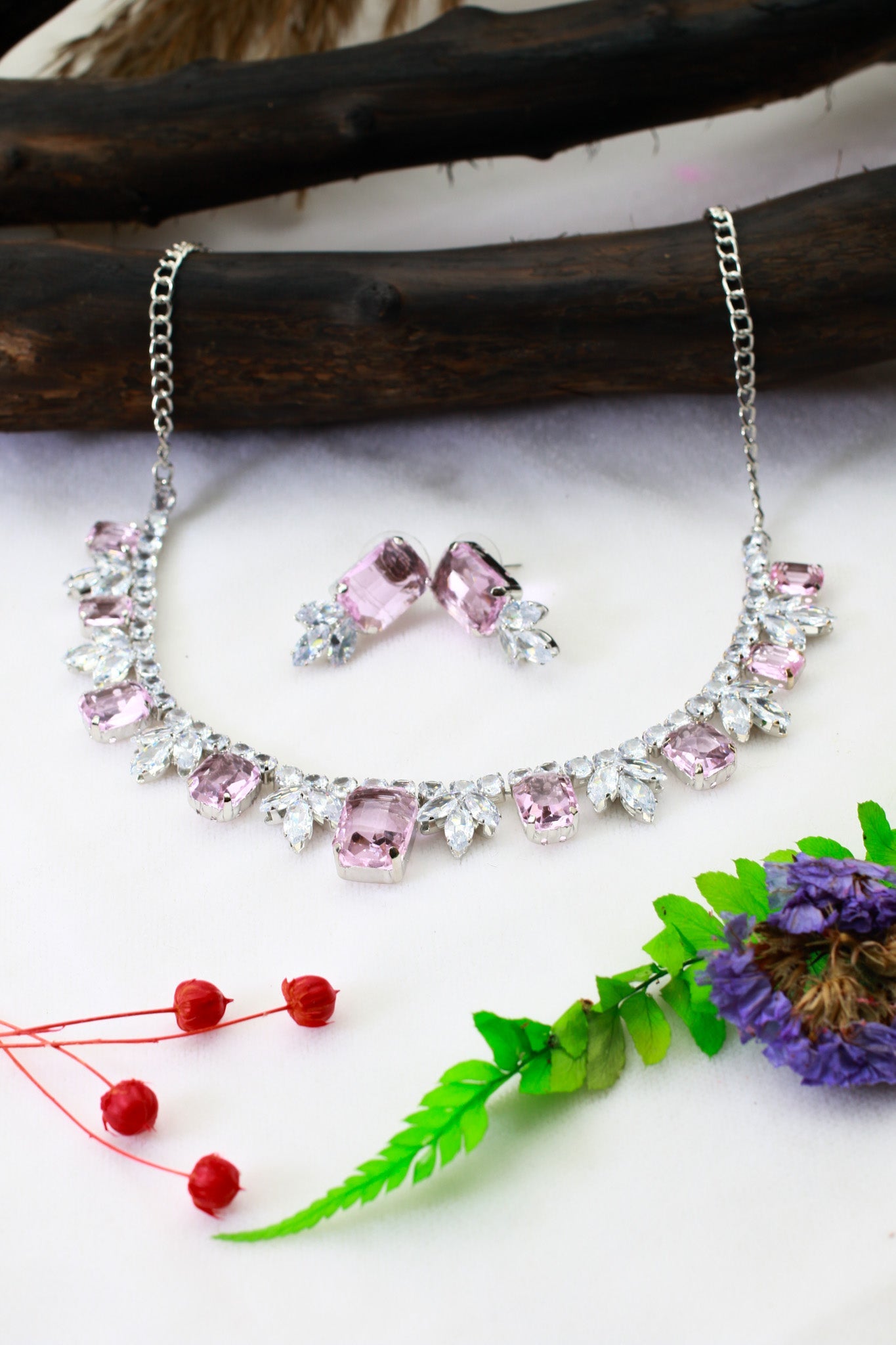 Pink Korean Glass Stone Necklace Set | Premium Crystal Jewellery - Maxiblink