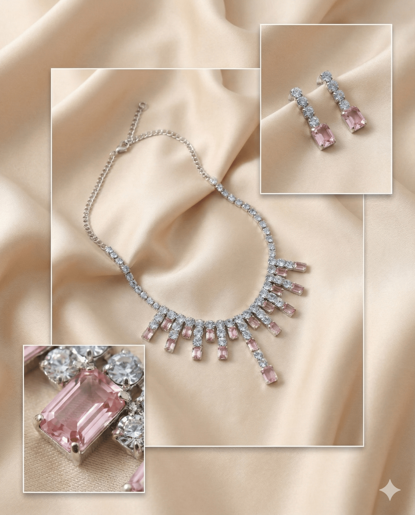 Pink Korean Glass Stone Necklace Set | Premium Crystal Jewellery - Maxiblink