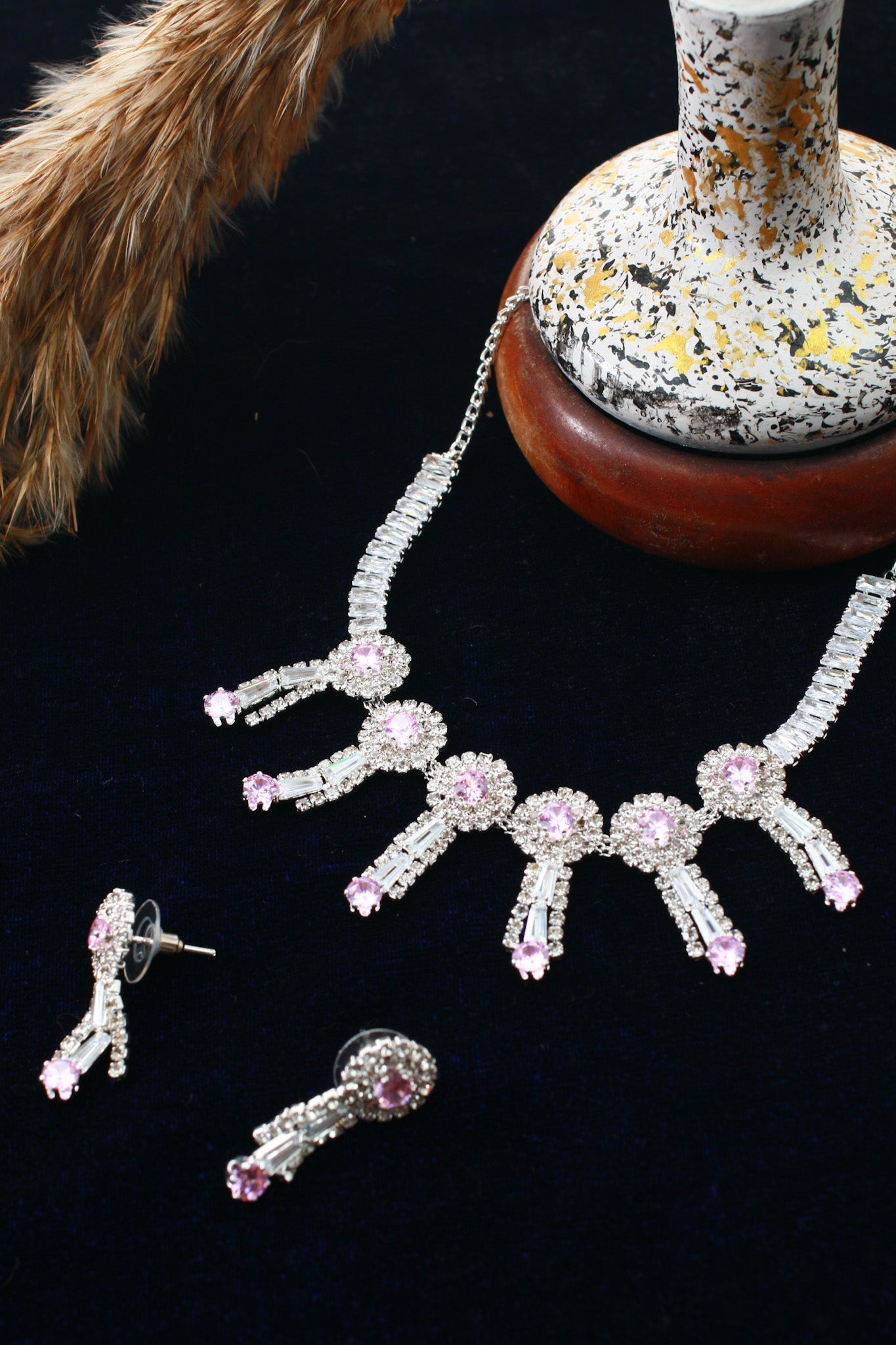 Pink Korean Glass Stone Necklace Set with Earrings | Premium Crystal Jewellery - Maxiblink