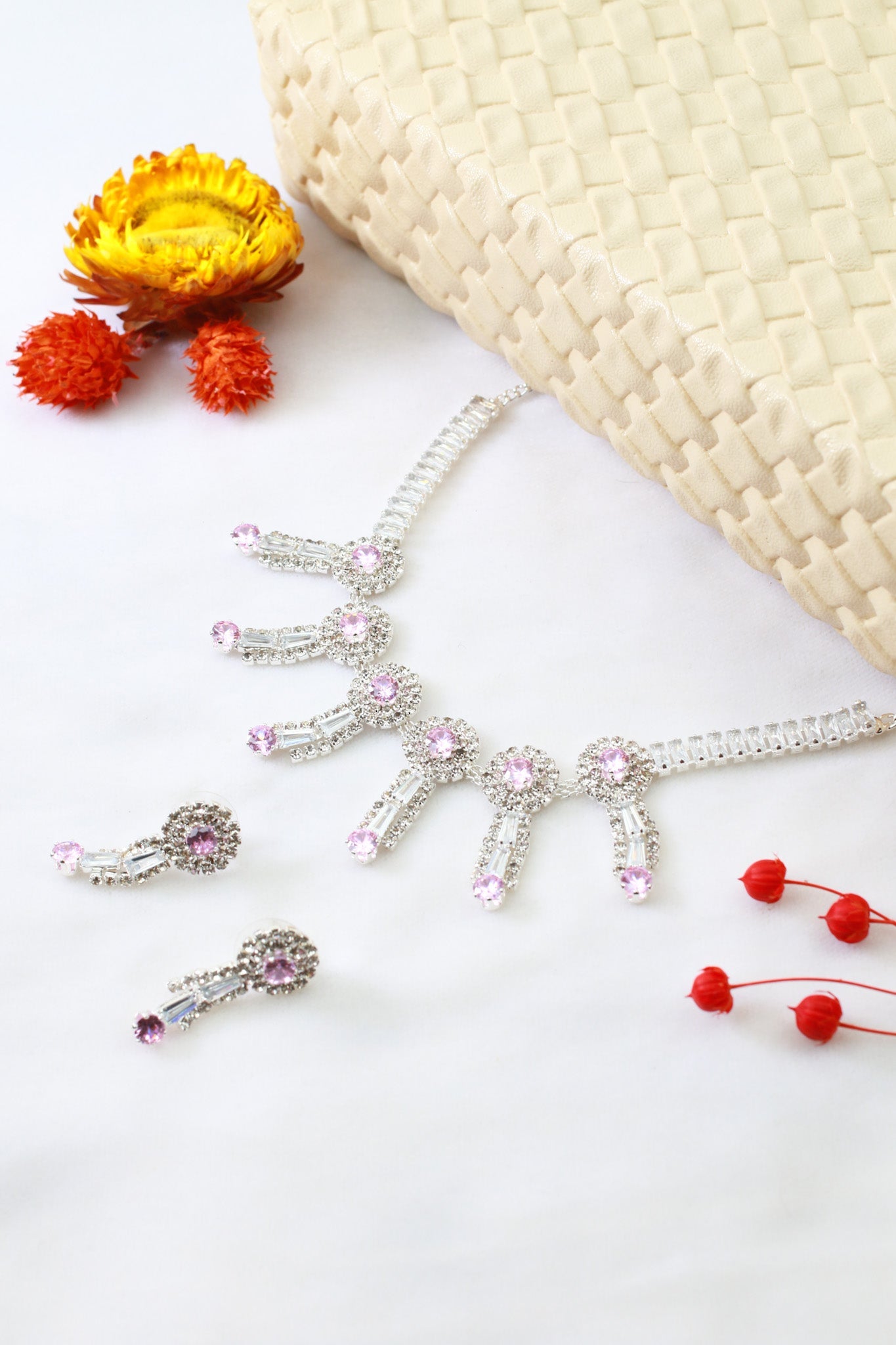 Pink Korean Glass Stone Necklace Set with Earrings | Premium Crystal Jewellery - Maxiblink