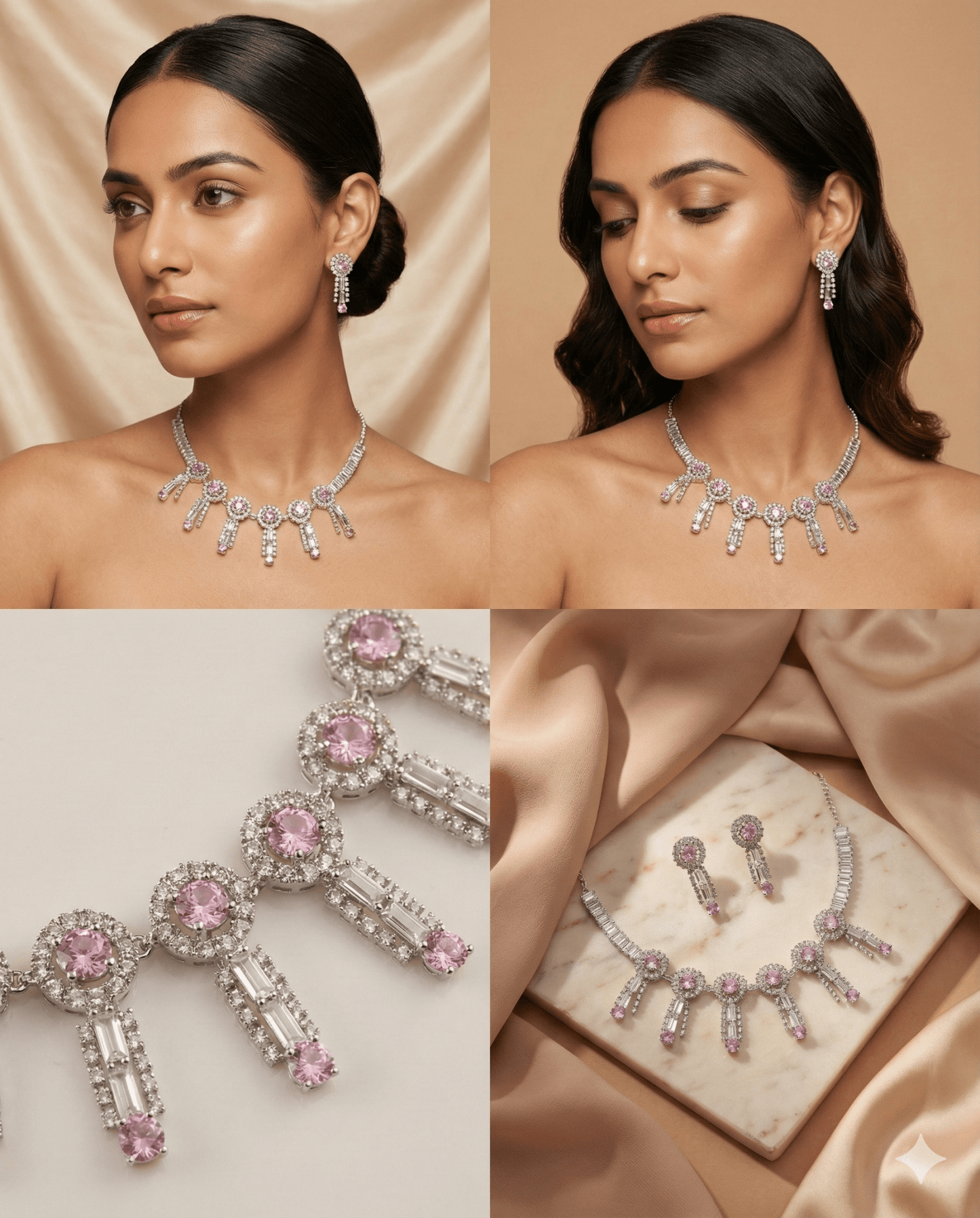 Pink Korean Glass Stone Necklace Set with Earrings | Premium Crystal Jewellery - Maxiblink