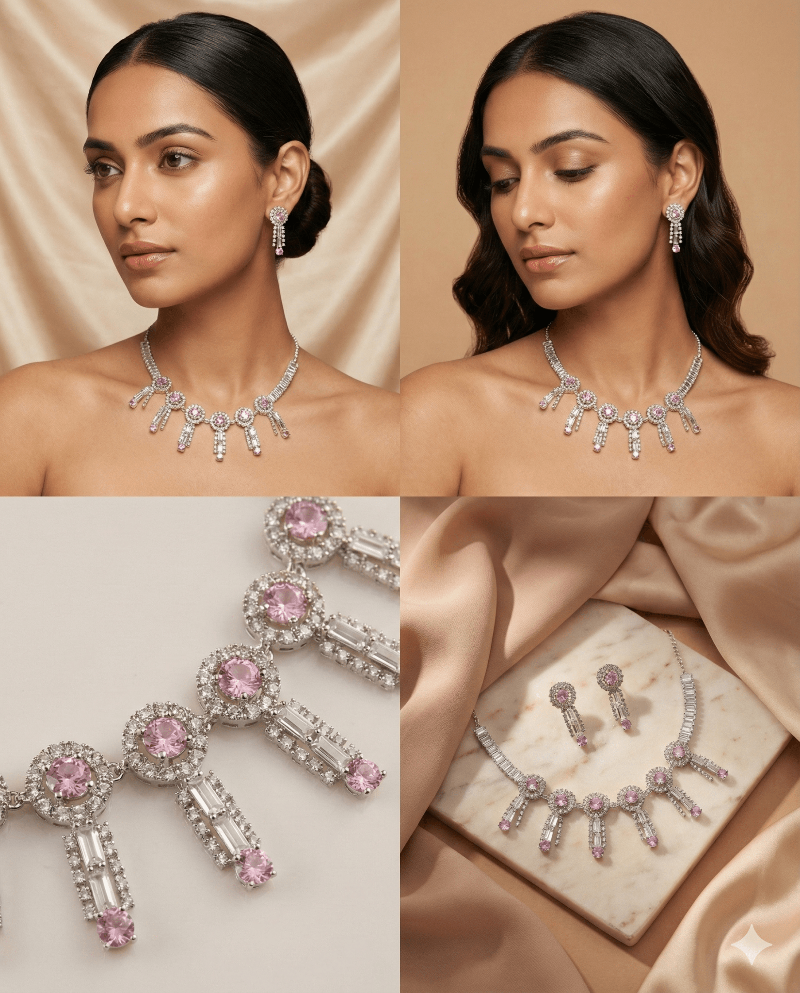Pink Korean Glass Stone Necklace Set with Earrings | Premium Crystal Jewellery - Maxiblink