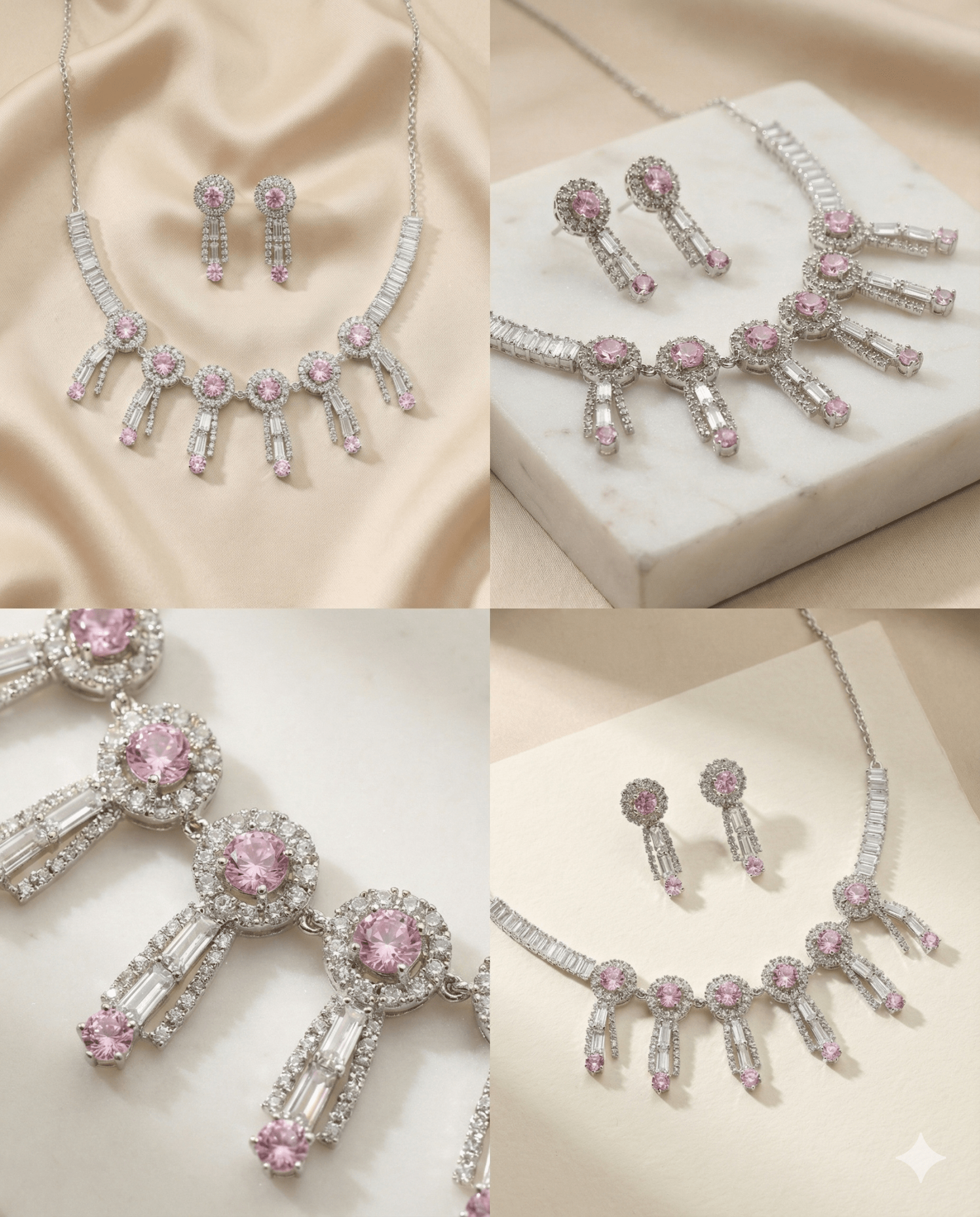Pink Korean Glass Stone Necklace Set with Earrings | Premium Crystal Jewellery - Maxiblink