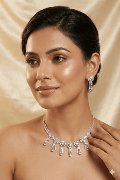 Pink Korean Glass Stone Necklace Set with Earrings | Premium Crystal Jewellery - Maxiblink