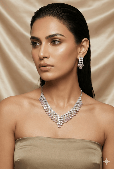 Pink Layered Korean Glass Stone Necklace Set | Premium Jewellery - Maxiblink