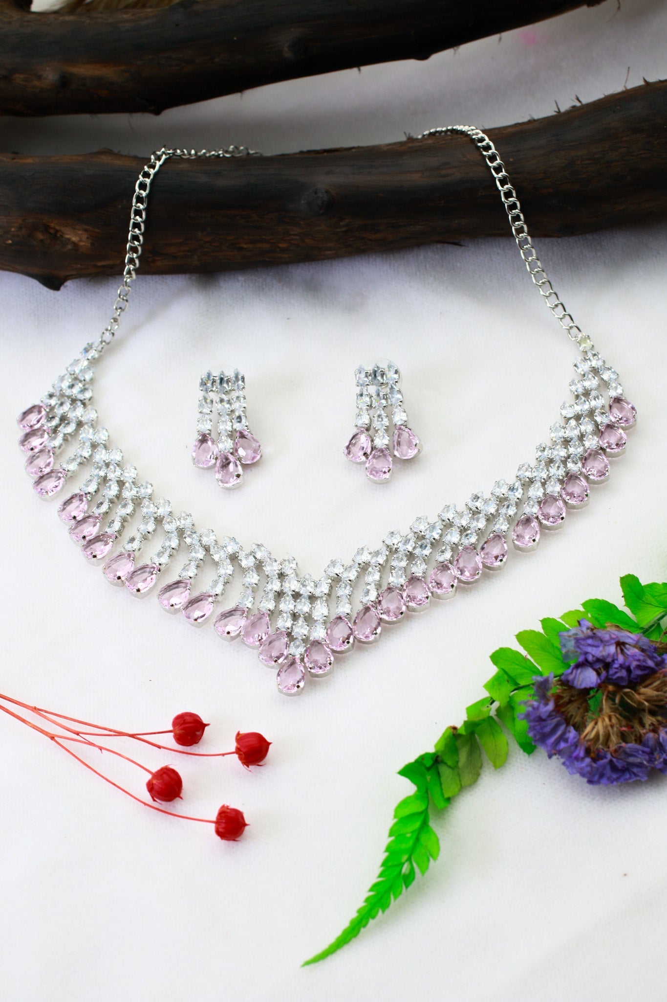 Pink Layered Korean Glass Stone Necklace Set | Premium Jewellery - Maxiblink