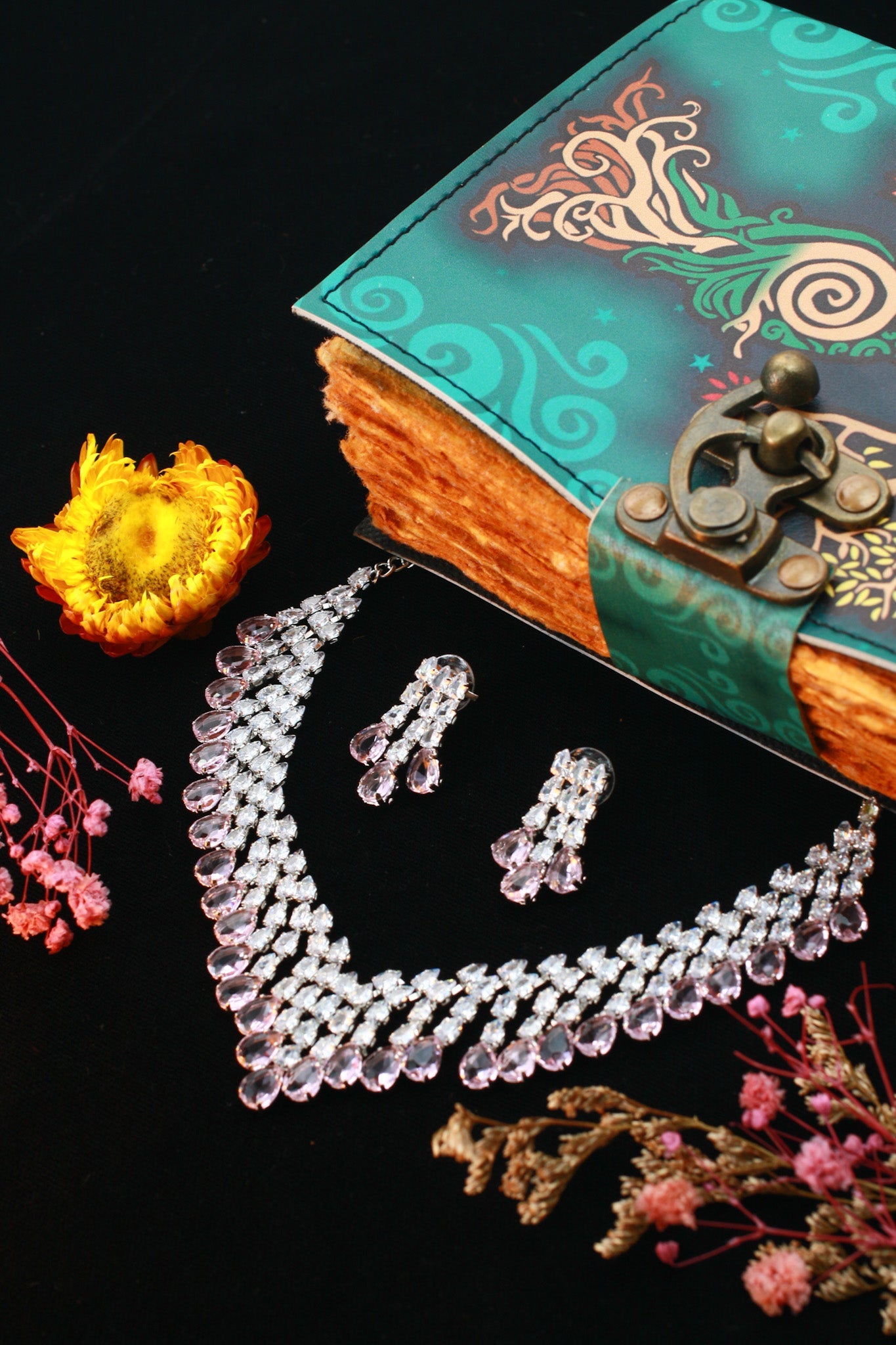 Pink Layered Korean Glass Stone Necklace Set | Premium Jewellery - Maxiblink