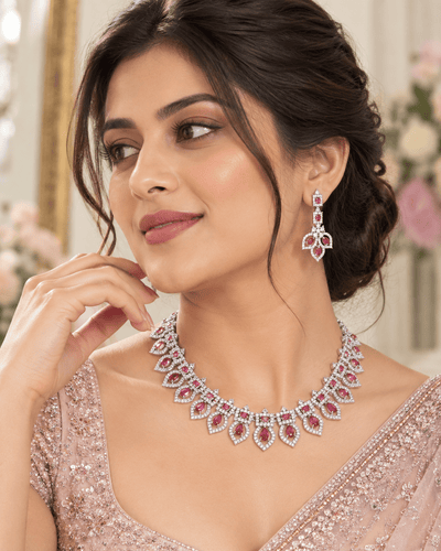 Pink Leaf Cluster Necklace Set with Maang Tikka - Maxiblink
