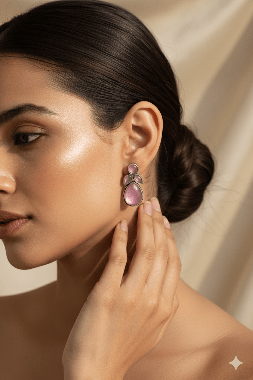 Pink Monalisa Cluster Studs in Oxidised German Silver – Tear Drop Design - Maxiblink
