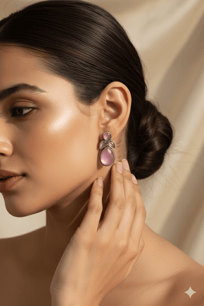 Pink Monalisa Cluster Studs in Oxidised German Silver – Tear Drop Design - Maxiblink