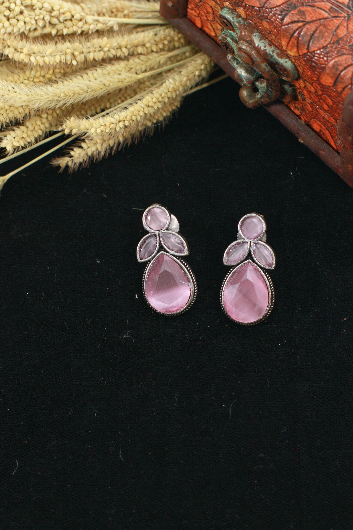 Pink Monalisa Cluster Studs in Oxidised German Silver – Tear Drop Design - Maxiblink