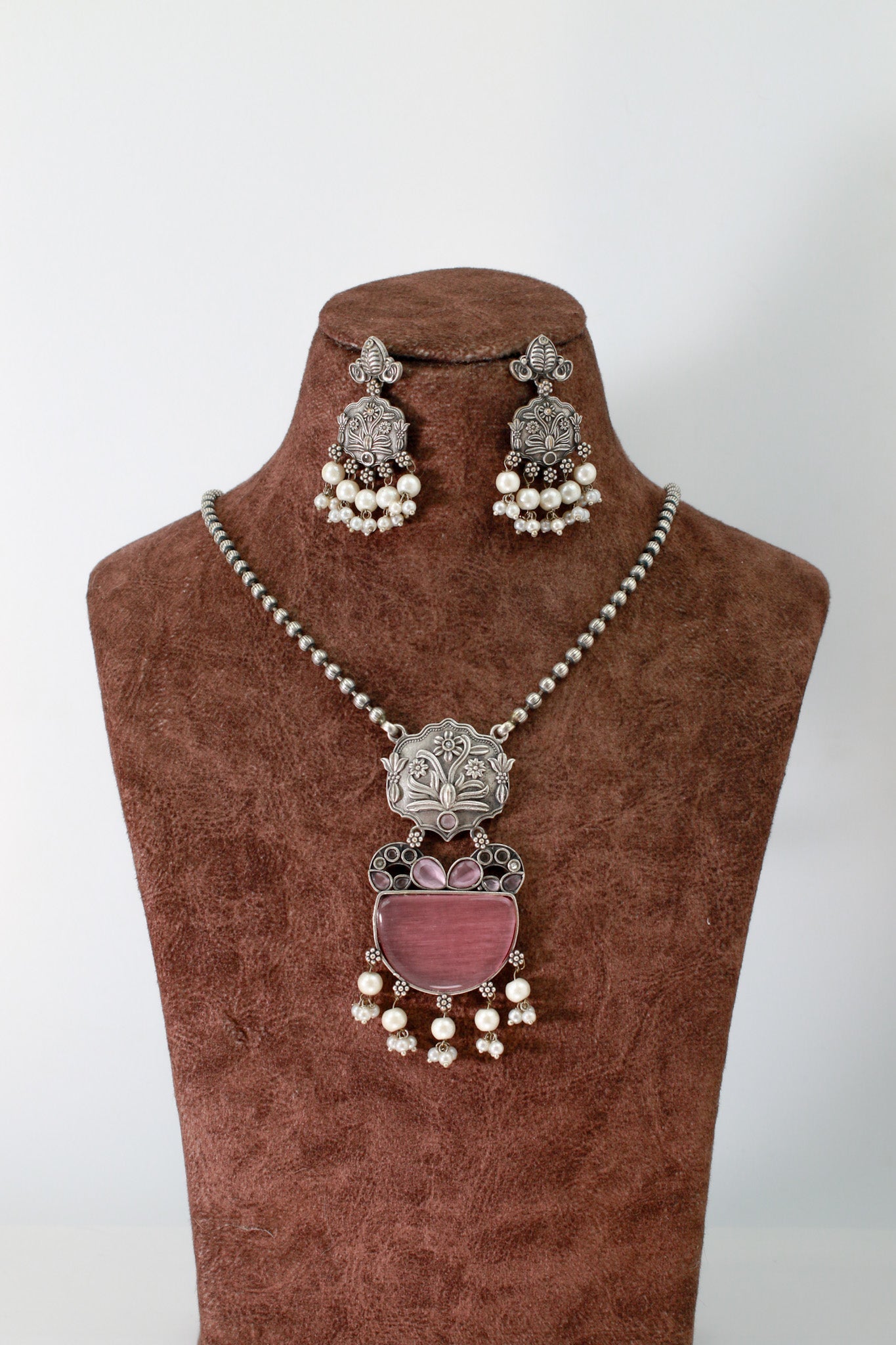 Pink Monalisa Floral Panel Pendant Set with Pearls | Oxidised German Silver - Maxiblink