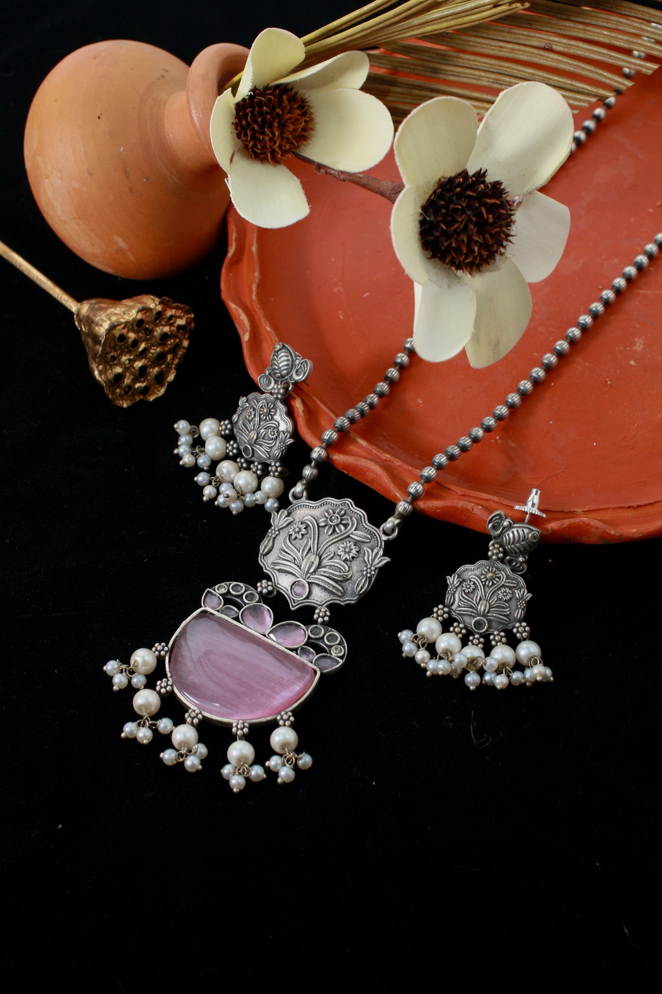 Pink Monalisa Floral Panel Pendant Set with Pearls | Oxidised German Silver - Maxiblink