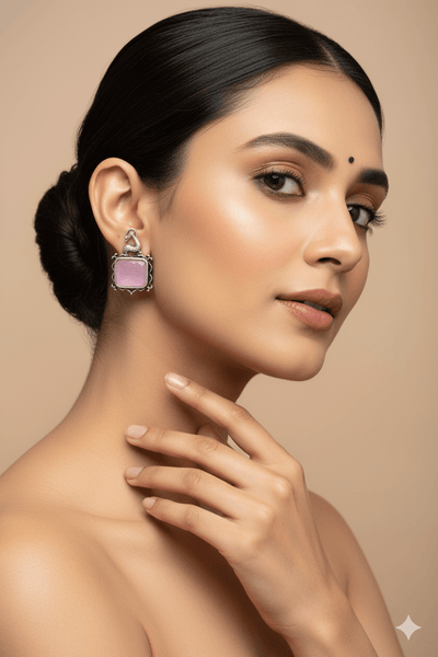 Pink Monalisa Rectangle Oxidised German Silver Earrings with Deer Motif - Maxiblink