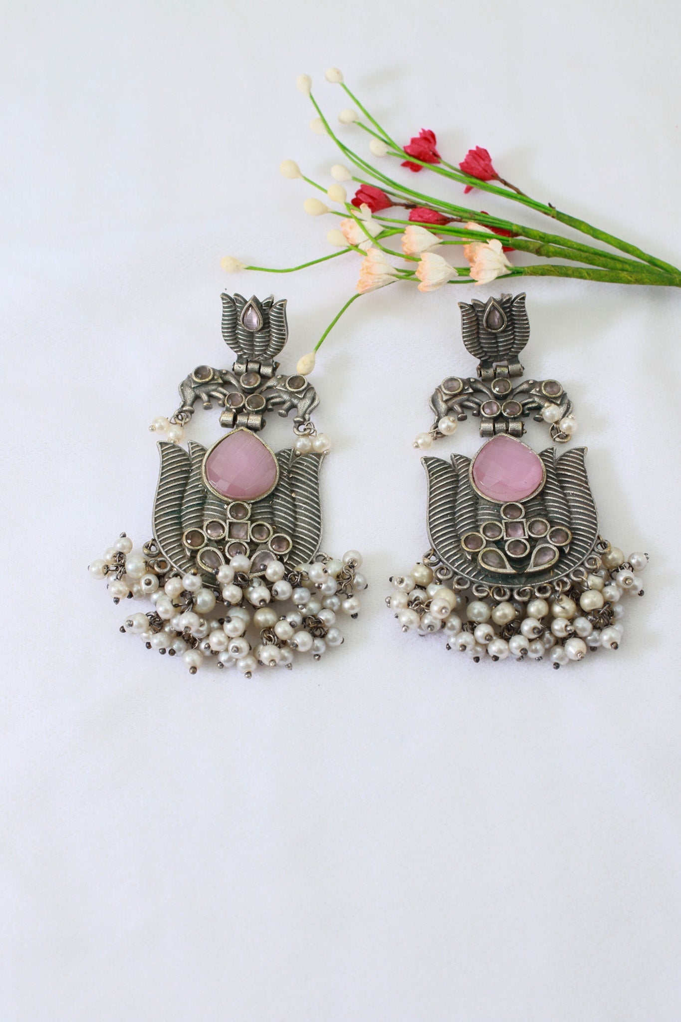 Pink Monalisa Stone Lotus Design German Silver Earrings - Maxiblink
