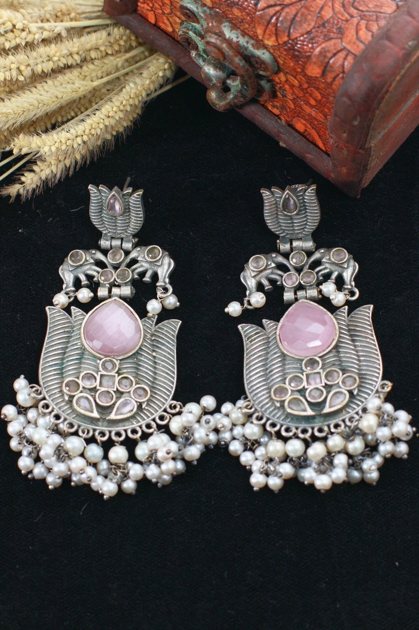 Pink Monalisa Stone Lotus Design German Silver Earrings - Maxiblink