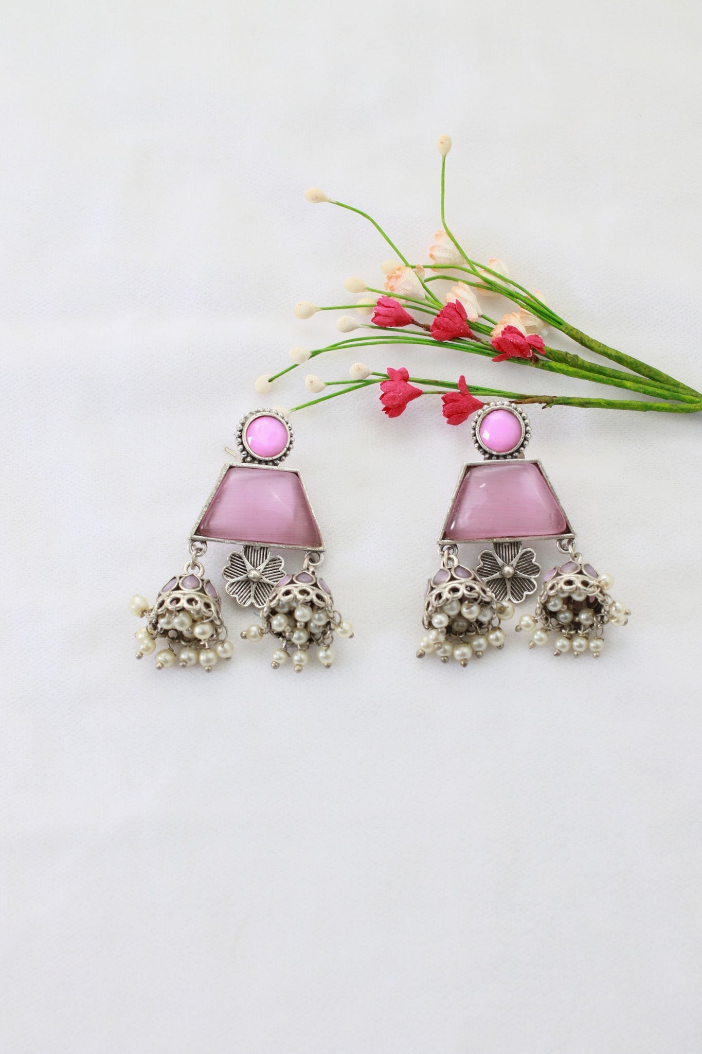 Pink Monalisa Trapeze Jhumka Oxidised Earrings with Twin Bells & Pearls - Maxiblink