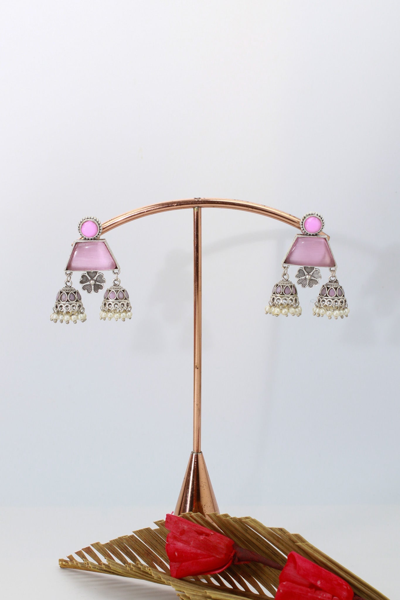 Pink Monalisa Trapeze Jhumka Oxidised Earrings with Twin Bells & Pearls - Maxiblink