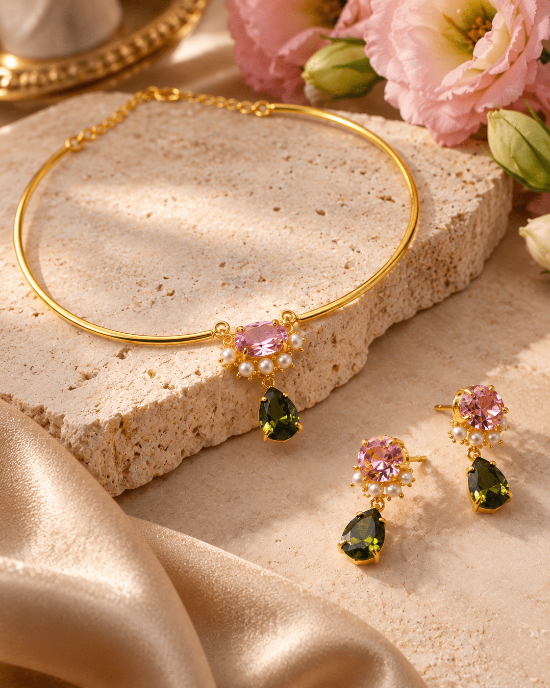 Pink & Olive Stone Pearl Cluster Hansuli Necklace Set - Maxiblink