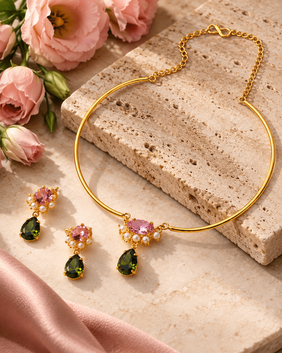 Pink & Olive Stone Pearl Cluster Hansuli Necklace Set - Maxiblink