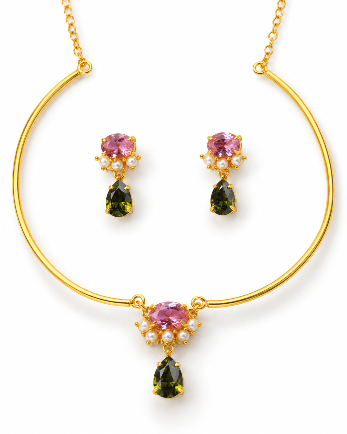 Pink & Olive Stone Pearl Cluster Hansuli Necklace Set - Maxiblink