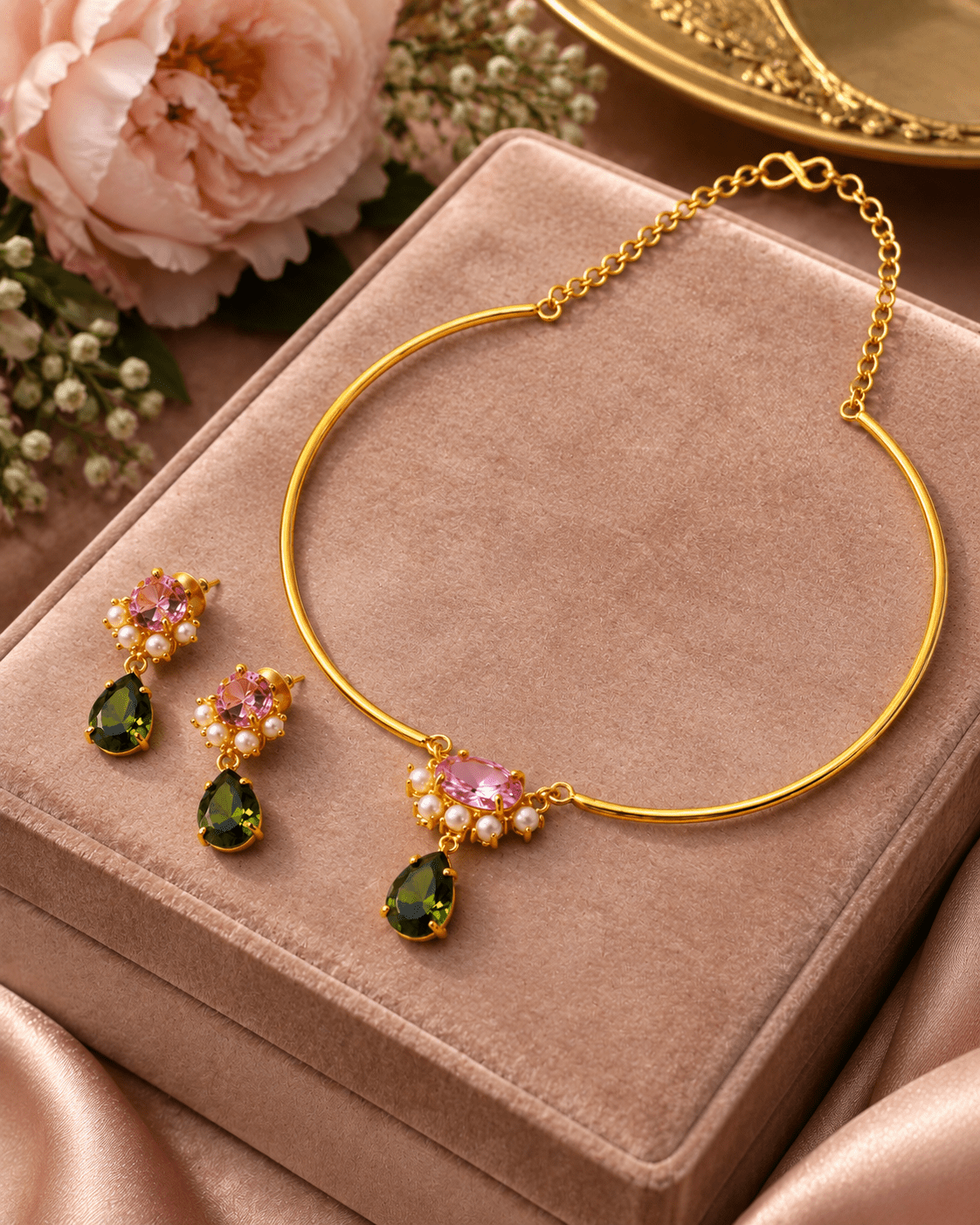 Pink & Olive Stone Pearl Cluster Hansuli Necklace Set - Maxiblink