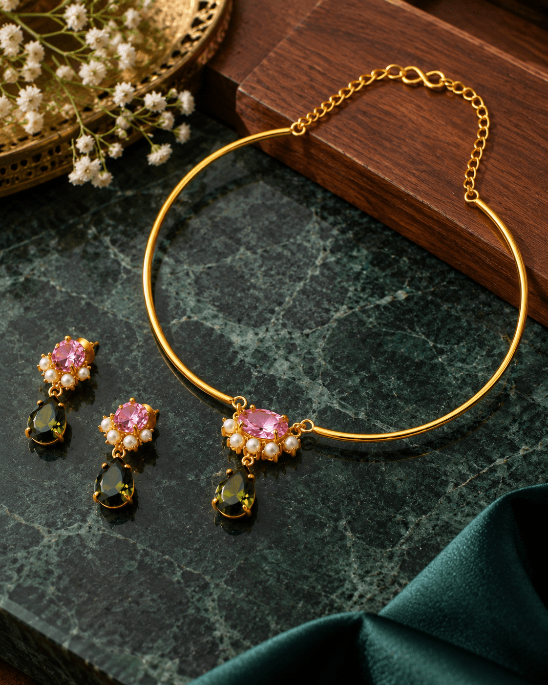 Pink & Olive Stone Pearl Cluster Hansuli Necklace Set - Maxiblink