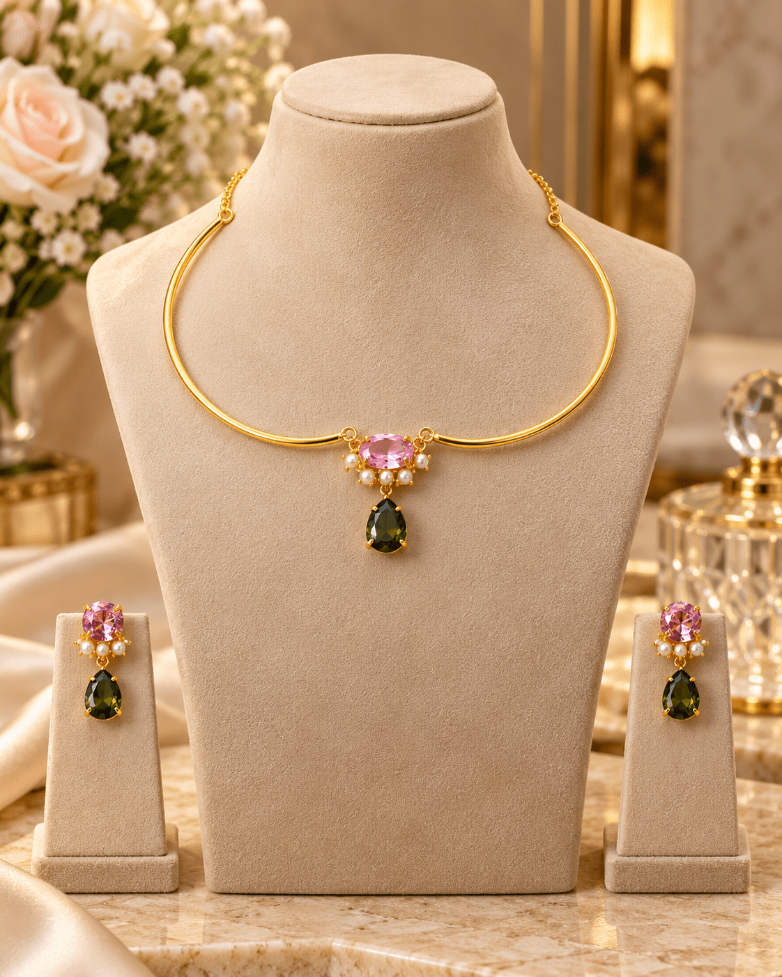 Pink & Olive Stone Pearl Cluster Hansuli Necklace Set - Maxiblink
