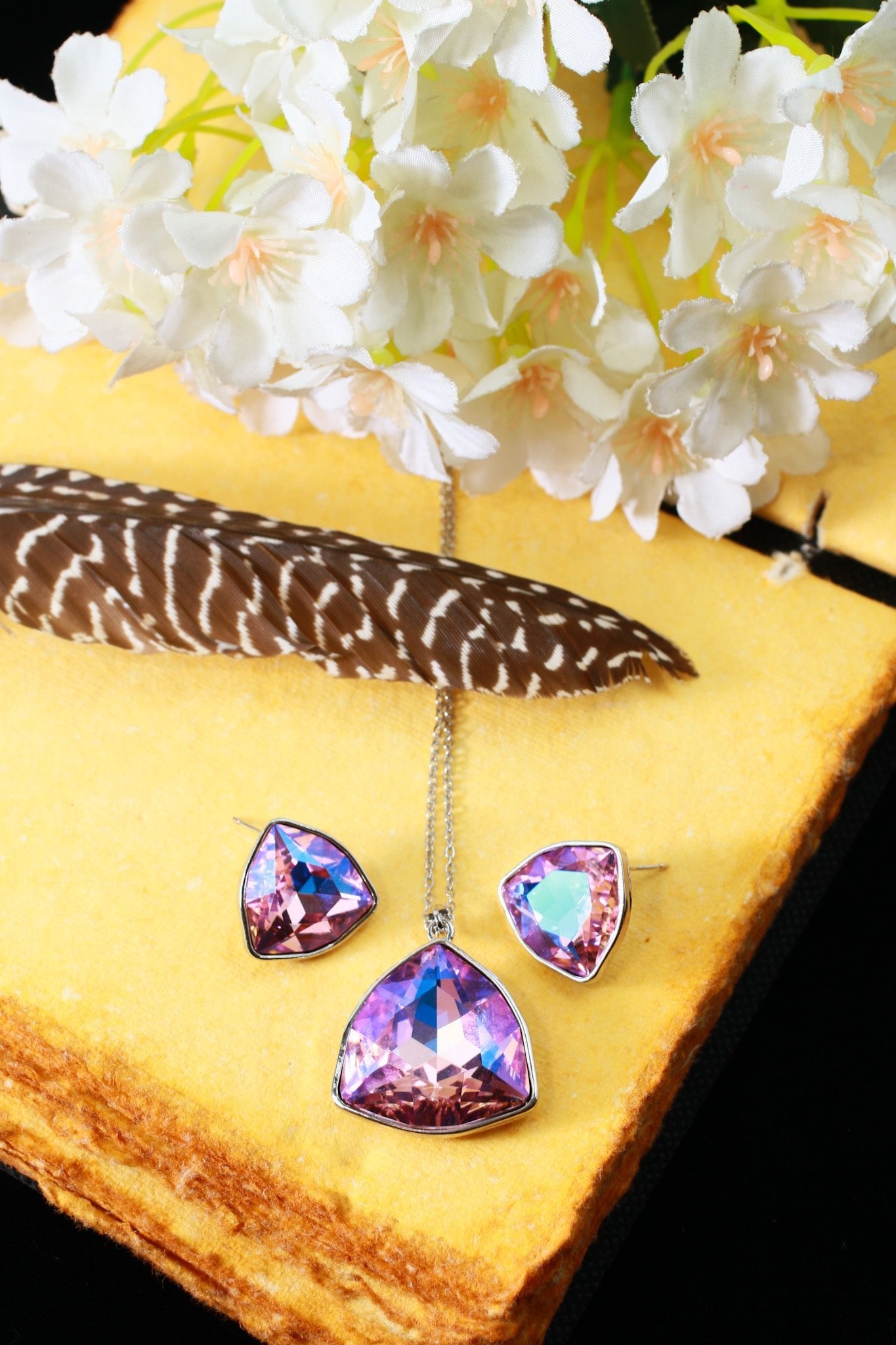 Pink Purple Crystal Trillion Pendant Set - Maxiblink