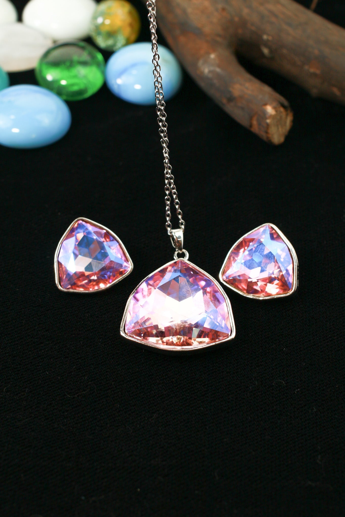 Pink Purple Crystal Trillion Pendant Set - Maxiblink