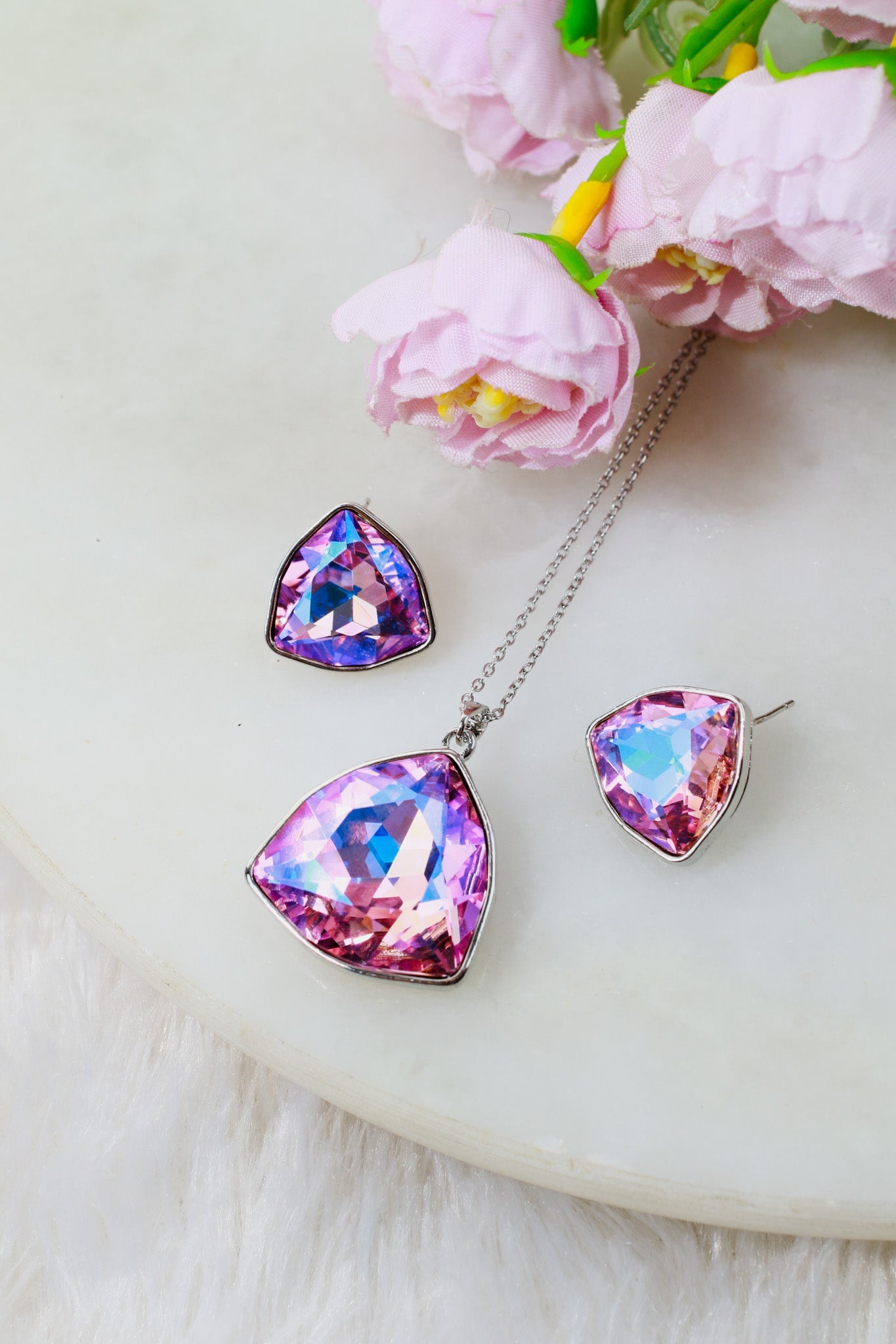Pink Purple Crystal Trillion Pendant Set - Maxiblink