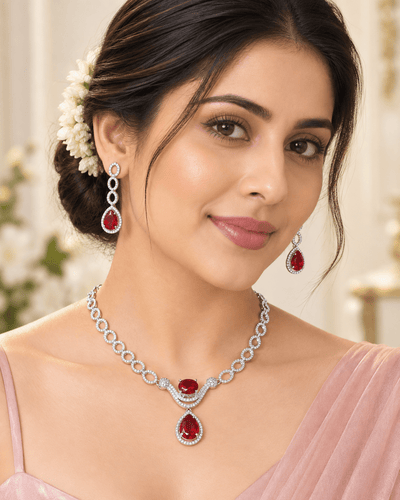Pink Rectangle Halo Necklace Set - Maxiblink