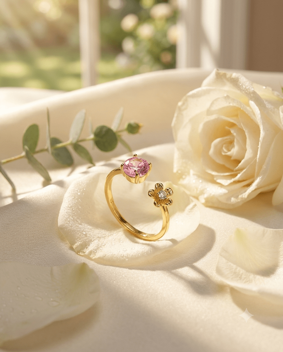 Pink Solitaire & Flower Open Wrap Ring - Maxiblink