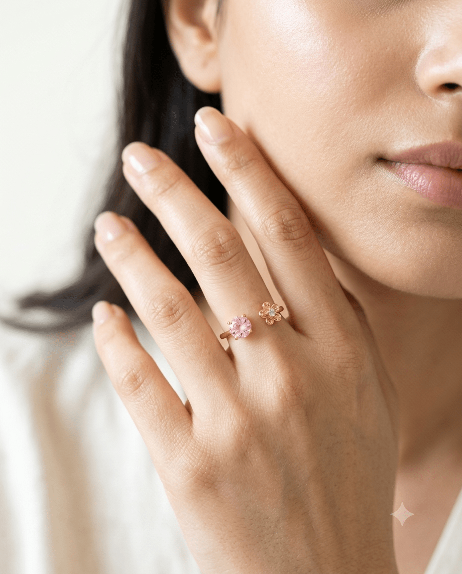 Pink Solitaire & Flower Open Wrap Ring - Maxiblink