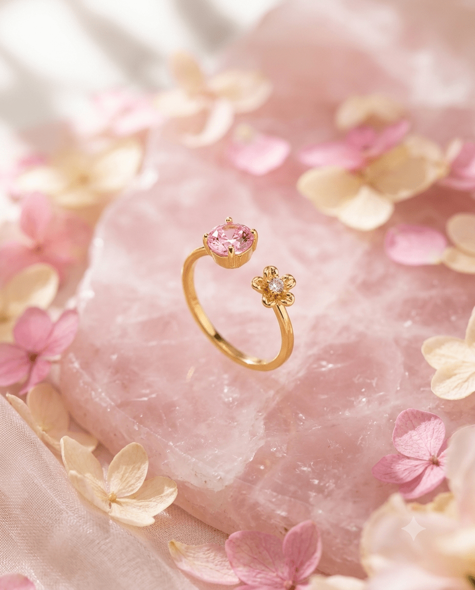 Pink Solitaire & Flower Open Wrap Ring - Maxiblink