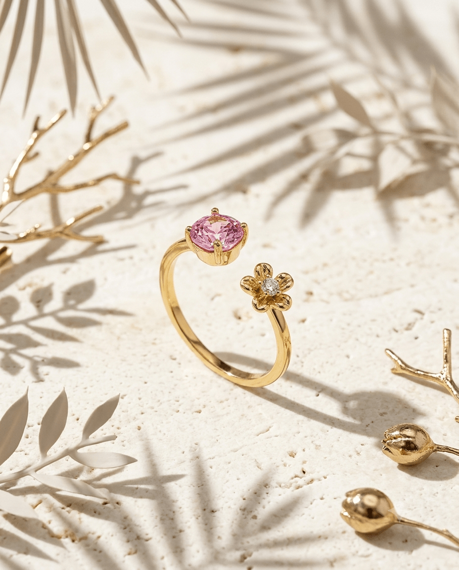 Pink Solitaire & Flower Open Wrap Ring - Maxiblink