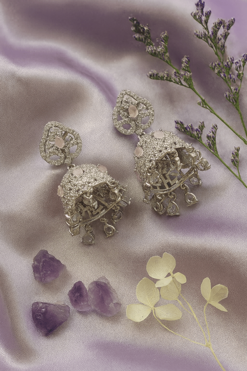 Purple CZ Drop Earrings – Floral Top Design for Special Events - Maxiblink