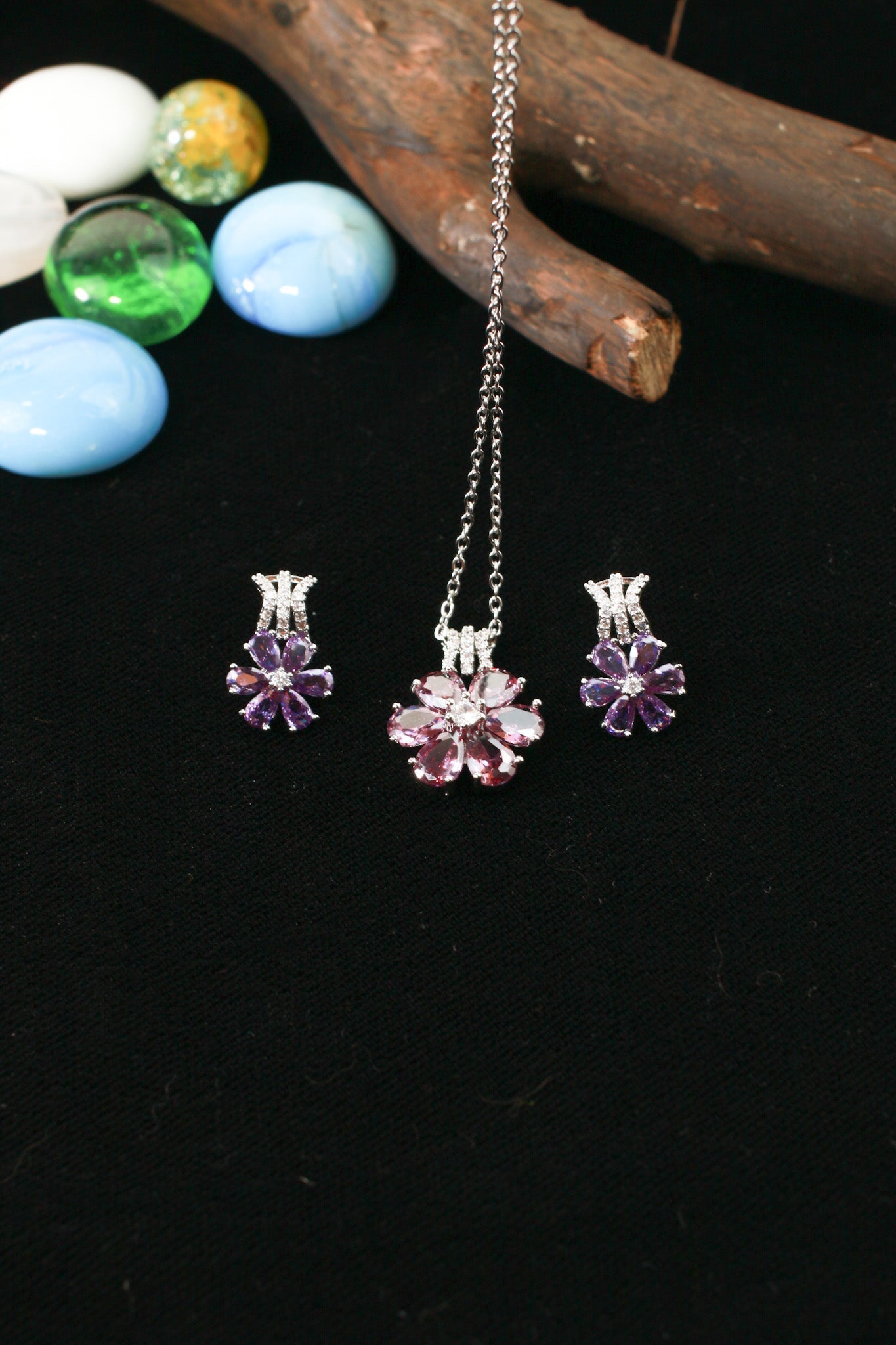Purple Flower Crystal Pendant Set - Maxiblink