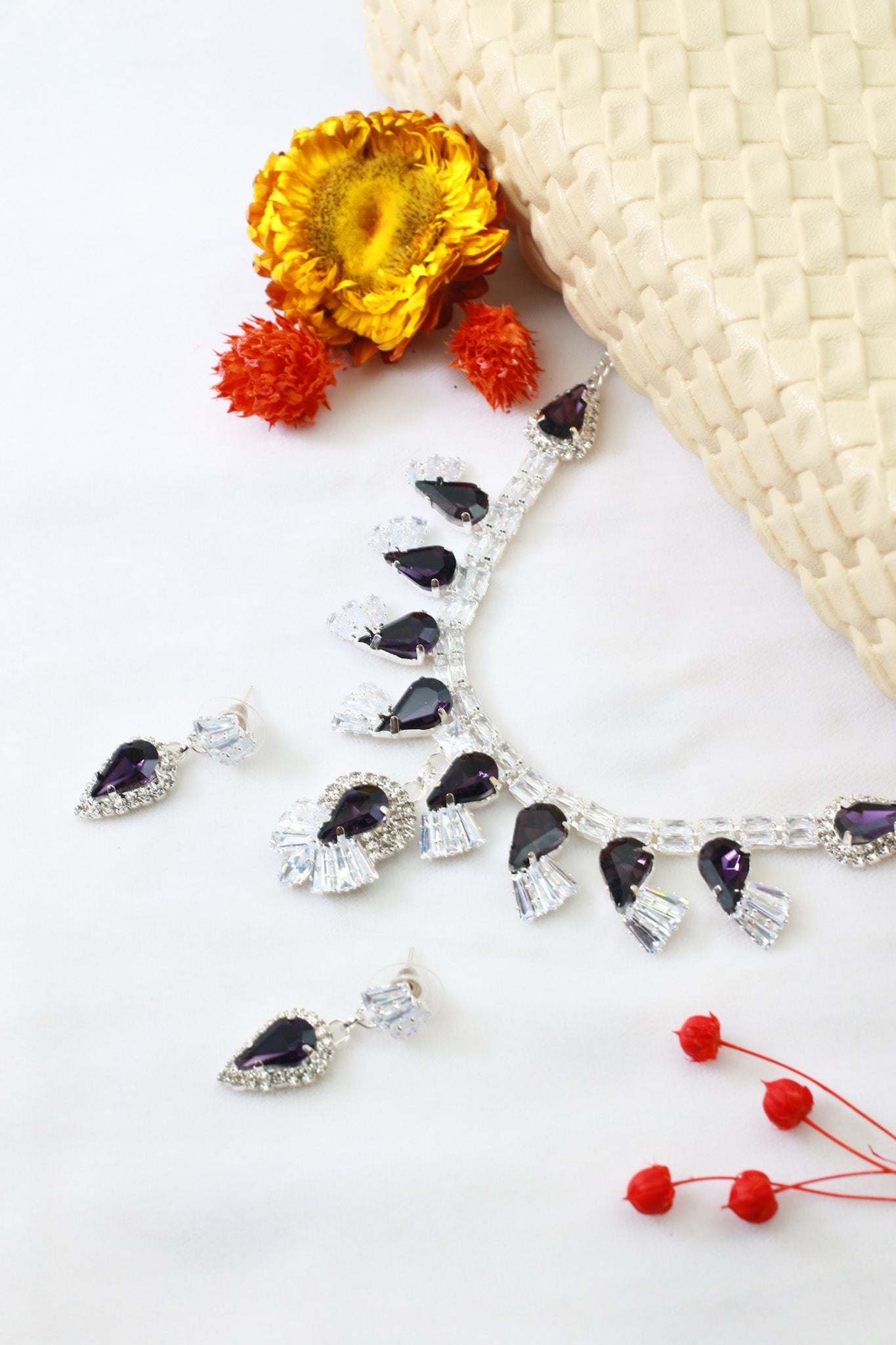 Purple Korean Glass Stone Necklace Set | Premium Crystal Jewellery - Maxiblink