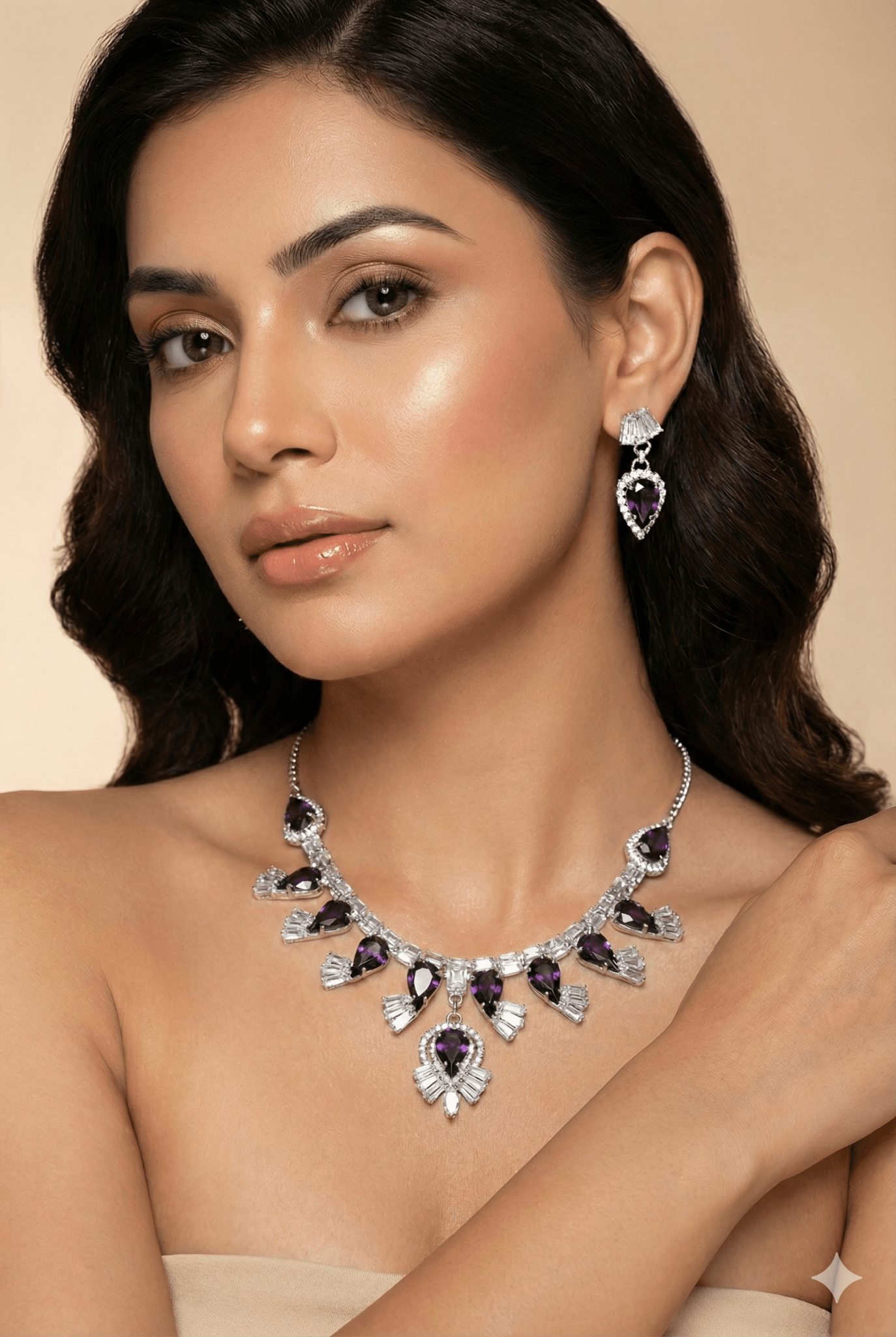 Purple Korean Glass Stone Necklace Set | Premium Crystal Jewellery - Maxiblink