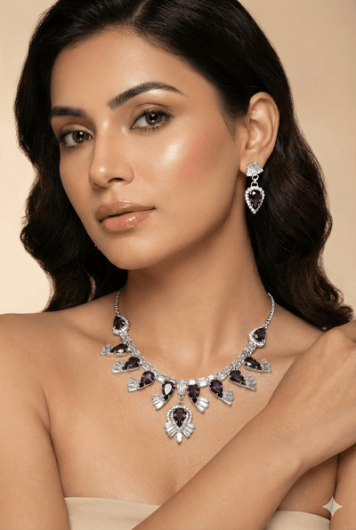 Purple Korean Glass Stone Necklace Set | Premium Crystal Jewellery - Maxiblink