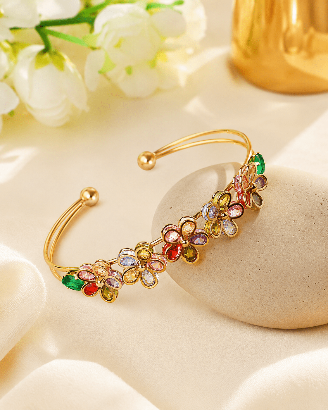 Rainbow Crystal Flower Cuff Bracelet - Maxiblink