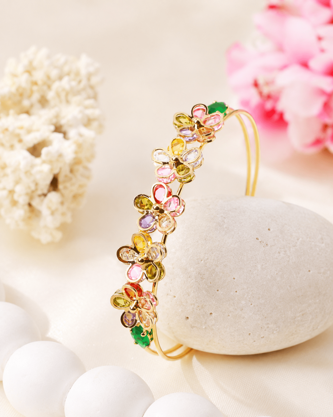 Rainbow Crystal Flower Cuff Bracelet - Maxiblink