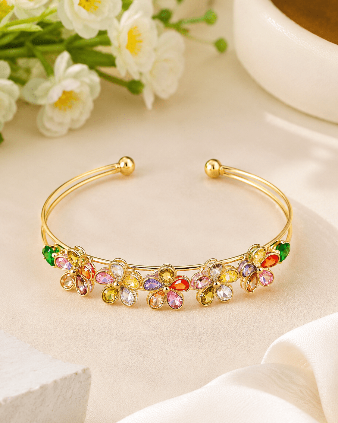 Rainbow Crystal Flower Cuff Bracelet - Maxiblink