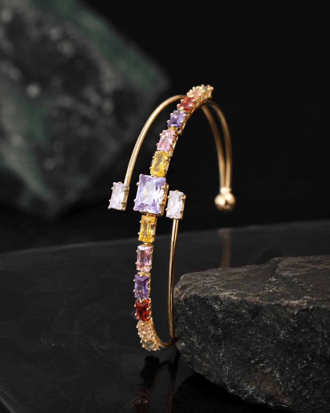 Rainbow Princess Solitaire Bypass Cuff Bracelet - Maxiblink